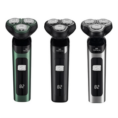 Three electric shavers with three-head floating blades and digital battery displays in different colors.
