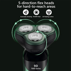 A green electric shaver with three floating heads and a digital display.
