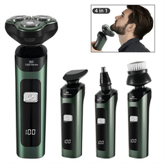 A green 4-in-1 electric shaver with an LCD battery display and four interchangeable heads.