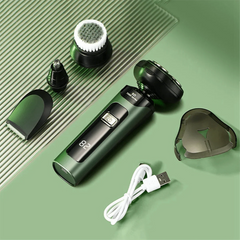 A green electric shaver with a digital display and multiple interchangeable grooming attachments.