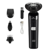 A black electric shaver with a digital display and multiple interchangeable grooming attachments.