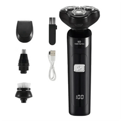 A black electric shaver with a digital display and multiple interchangeable grooming attachments.