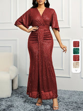 Elegant Beige Sequin V - Neck Dress - Sophisticated Ruched Bodycon with Ruffle Sleeves, Polyester & Elastane Blend, Perfect for Evening & Banquets, Banquet Attire|Elegant Bodycon Dress|Elastane Fabric - SHOWLU FASHION STORE