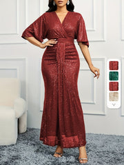 Elegant Beige Sequin V - Neck Dress - Sophisticated Ruched Bodycon with Ruffle Sleeves, Polyester & Elastane Blend, Perfect for Evening & Banquets, Banquet Attire|Elegant Bodycon Dress|Elastane Fabric - SHOWLU FASHION STORE