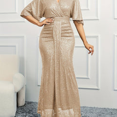 Elegant Beige Sequin V - Neck Dress - Sophisticated Ruched Bodycon with Ruffle Sleeves, Polyester & Elastane Blend, Perfect for Evening & Banquets, Banquet Attire|Elegant Bodycon Dress|Elastane Fabric - SHOWLU FASHION STORE