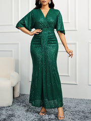 Elegant Beige Sequin V - Neck Dress - Sophisticated Ruched Bodycon with Ruffle Sleeves, Polyester & Elastane Blend, Perfect for Evening & Banquets, Banquet Attire|Elegant Bodycon Dress|Elastane Fabric - SHOWLU FASHION STORE