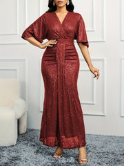 Elegant Beige Sequin V - Neck Dress - Sophisticated Ruched Bodycon with Ruffle Sleeves, Polyester & Elastane Blend, Perfect for Evening & Banquets, Banquet Attire|Elegant Bodycon Dress|Elastane Fabric - SHOWLU FASHION STORE