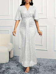 Elegant Beige Sequin V - Neck Dress - Sophisticated Ruched Bodycon with Ruffle Sleeves, Polyester & Elastane Blend, Perfect for Evening & Banquets, Banquet Attire|Elegant Bodycon Dress|Elastane Fabric - SHOWLU FASHION STORE