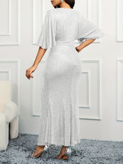 Elegant Beige Sequin V - Neck Dress - Sophisticated Ruched Bodycon with Ruffle Sleeves, Polyester & Elastane Blend, Perfect for Evening & Banquets, Banquet Attire|Elegant Bodycon Dress|Elastane Fabric - SHOWLU FASHION STORE