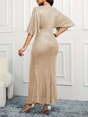 Elegant Beige Sequin V - Neck Dress - Sophisticated Ruched Bodycon with Ruffle Sleeves, Polyester & Elastane Blend, Perfect for Evening & Banquets, Banquet Attire|Elegant Bodycon Dress|Elastane Fabric - SHOWLU FASHION STORE