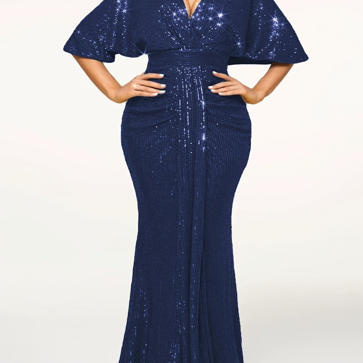 Elegant Beige Sequin V - Neck Dress - Sophisticated Ruched Bodycon with Ruffle Sleeves, Polyester & Elastane Blend, Perfect for Evening & Banquets, Banquet Attire|Elegant Bodycon Dress|Elastane Fabric - SHOWLU FASHION STORE