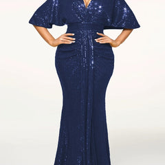 Elegant Beige Sequin V - Neck Dress - Sophisticated Ruched Bodycon with Ruffle Sleeves, Polyester & Elastane Blend, Perfect for Evening & Banquets, Banquet Attire|Elegant Bodycon Dress|Elastane Fabric - SHOWLU FASHION STORE