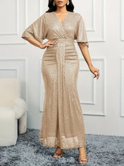Elegant Beige Sequin V - Neck Dress - Sophisticated Ruched Bodycon with Ruffle Sleeves, Polyester & Elastane Blend, Perfect for Evening & Banquets, Banquet Attire|Elegant Bodycon Dress|Elastane Fabric - SHOWLU FASHION STORE