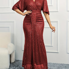 Elegant Beige Sequin V - Neck Dress - Sophisticated Ruched Bodycon with Ruffle Sleeves, Polyester & Elastane Blend, Perfect for Evening & Banquets, Banquet Attire|Elegant Bodycon Dress|Elastane Fabric - SHOWLU FASHION STORE