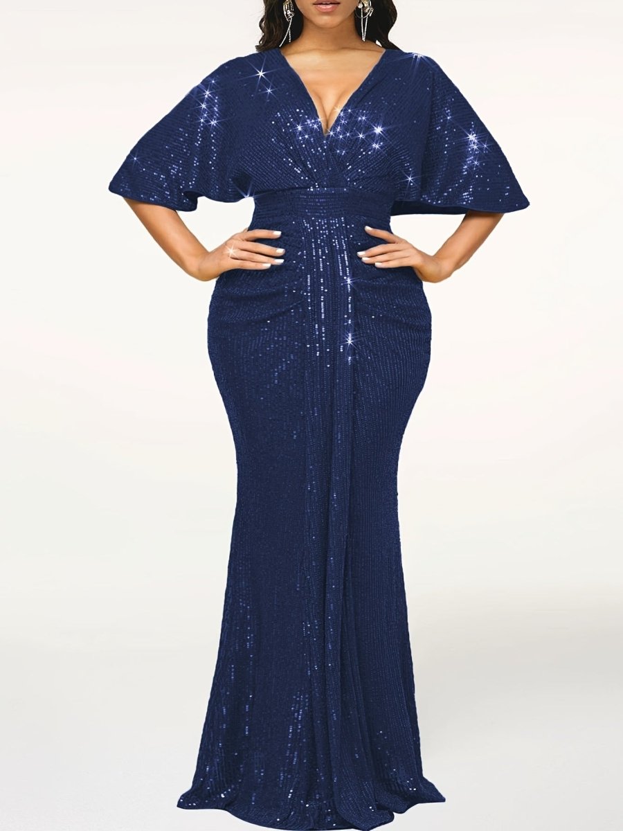 Elegant Beige Sequin V - Neck Dress - Sophisticated Ruched Bodycon with Ruffle Sleeves, Polyester & Elastane Blend, Perfect for Evening & Banquets, Banquet Attire|Elegant Bodycon Dress|Elastane Fabric - SHOWLU FASHION STORE