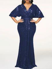 Elegant Beige Sequin V - Neck Dress - Sophisticated Ruched Bodycon with Ruffle Sleeves, Polyester & Elastane Blend, Perfect for Evening & Banquets, Banquet Attire|Elegant Bodycon Dress|Elastane Fabric - SHOWLU FASHION STORE