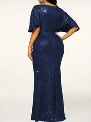 Elegant Beige Sequin V - Neck Dress - Sophisticated Ruched Bodycon with Ruffle Sleeves, Polyester & Elastane Blend, Perfect for Evening & Banquets, Banquet Attire|Elegant Bodycon Dress|Elastane Fabric - SHOWLU FASHION STORE