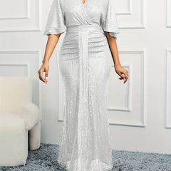 Elegant Beige Sequin V - Neck Dress - Sophisticated Ruched Bodycon with Ruffle Sleeves, Polyester & Elastane Blend, Perfect for Evening & Banquets, Banquet Attire|Elegant Bodycon Dress|Elastane Fabric - SHOWLU FASHION STORE