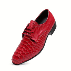 A red lace-up men's dress shoe with a pointed toe and a textured crocodile pattern.