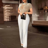 Elegant Jumpsuits & Rompers for Women O Nec Short Sleeve Beaded High Waisted Luxury Female Birthday Dinner Party Overalls Outfit - SHOWLU FASHION STORE
