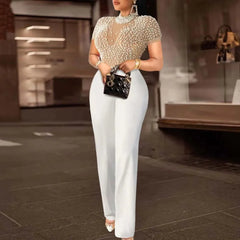 Elegant Jumpsuits & Rompers for Women O Nec Short Sleeve Beaded High Waisted Luxury Female Birthday Dinner Party Overalls Outfit - SHOWLU FASHION STORE