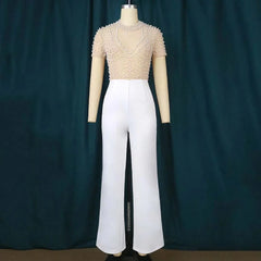 Elegant Jumpsuits & Rompers for Women O Nec Short Sleeve Beaded High Waisted Luxury Female Birthday Dinner Party Overalls Outfit - SHOWLU FASHION STORE