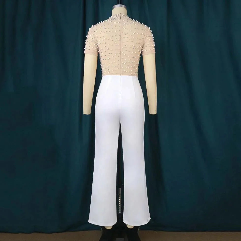 Elegant Jumpsuits & Rompers for Women O Nec Short Sleeve Beaded High Waisted Luxury Female Birthday Dinner Party Overalls Outfit - SHOWLU FASHION STORE