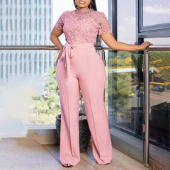 Elegant Jumpsuits & Rompers for Women O Neck Lace Patchwork Short Sleeve Sashes High Waisted Luxury Birthday Party Dinner Outfit - SHOWLU FASHION STORE