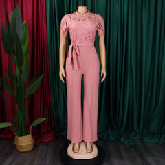 Elegant Jumpsuits & Rompers for Women O Neck Lace Patchwork Short Sleeve Sashes High Waisted Luxury Birthday Party Dinner Outfit - SHOWLU FASHION STORE