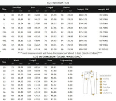 Size chart for a men's suit featuring measurements for a blazer and matching trousers.