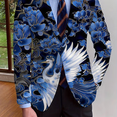 A men's navy blue blazer featuring a white crane and floral print with a button-up front.