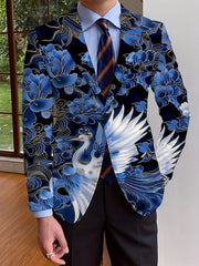 A man wears a navy blue blazer featuring a white crane and floral print with a button-up front.