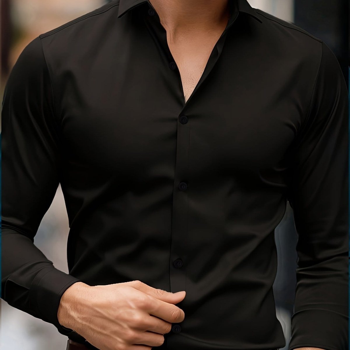 Elegant Men's Long Sleeve Shirt in Solid Colors - Comfortable, Machine Washable with Flap Collar for Spring/Fall - SHOWLU FASHION STORE