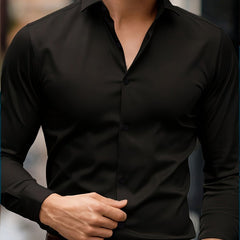 Elegant Men's Long Sleeve Shirt in Solid Colors - Comfortable, Machine Washable with Flap Collar for Spring/Fall - SHOWLU FASHION STORE