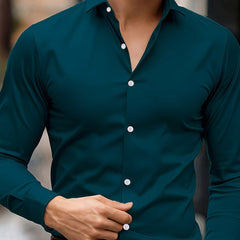 Elegant Men's Long Sleeve Shirt in Solid Colors - Comfortable, Machine Washable with Flap Collar for Spring/Fall - SHOWLU FASHION STORE