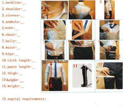 A measurement guide for a men's suit showing twelve numbered steps for body sizing.