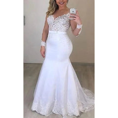 Elegant O - Neck Mermaid Wedding Dresses with Lace Appliques and Long Sleeves Customized - SHOWLU FASHION STORE