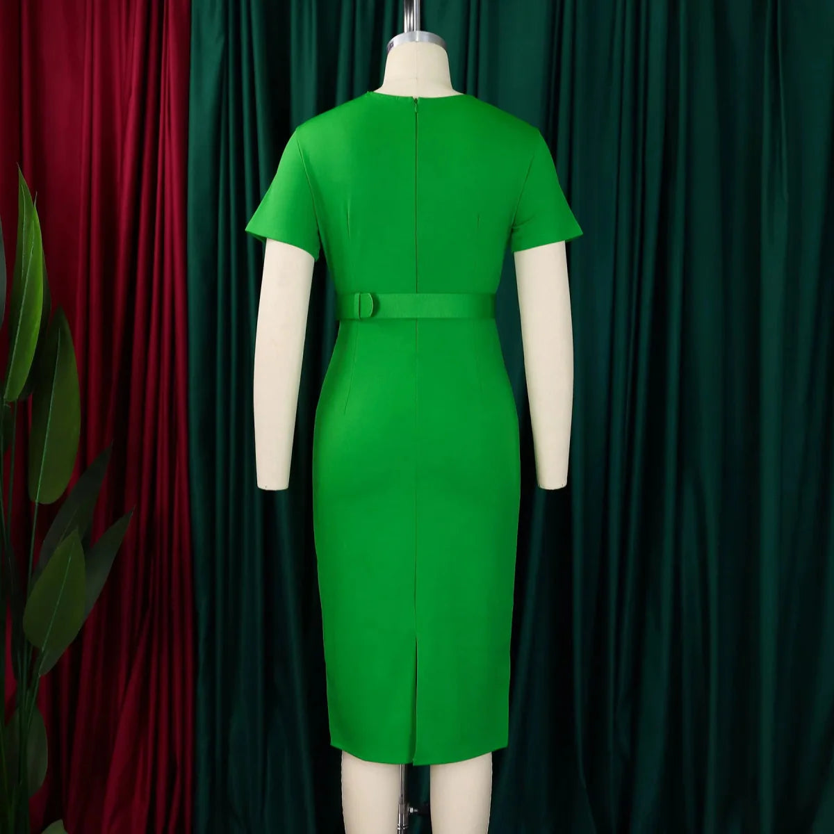 Elegant Office Dresses for Women V Neck Short Sleeve Belt Waisted Straight Mid Calf Formal Female Business Work Wear Dress Midi - SHOWLU FASHION STORE