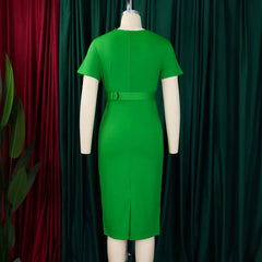 Elegant Office Dresses for Women V Neck Short Sleeve Belt Waisted Straight Mid Calf Formal Female Business Work Wear Dress Midi - SHOWLU FASHION STORE