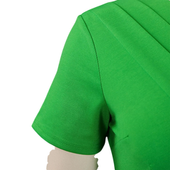 A close-up view of the short sleeve and shoulder of a solid green V-neck midi dress.
