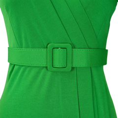 A close-up of a vibrant green midi dress featuring a matching fabric belt with a rectangular buckle.