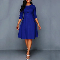 Elegant Solid A - Line Dresses for Women Fashion O - Neck Single - Breasted Design Pockets Decor High Waist Party Dress Slim Vestidos - SHOWLU FASHION STORE