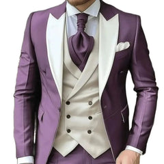 A purple three-piece suit featuring a single-breasted jacket with white peak lapels and a vest.
