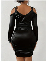 Elegant Women's Black Satin Dress with Exquisite Lace Shoulder Straps - V - Neck, Long Sleeve, Slim Fit Pleated Bodycon Skirt, Machine Washable, Luxurious, Showcasing Women's Graceful Figure - SHOWLU FASHION STORE