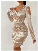 Elegant Women's Black Satin Dress with Exquisite Lace Shoulder Straps - V - Neck, Long Sleeve, Slim Fit Pleated Bodycon Skirt, Machine Washable, Luxurious, Showcasing Women's Graceful Figure - SHOWLU FASHION STORE