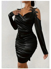 Elegant Women's Black Satin Dress with Exquisite Lace Shoulder Straps - V - Neck, Long Sleeve, Slim Fit Pleated Bodycon Skirt, Machine Washable, Luxurious, Showcasing Women's Graceful Figure - SHOWLU FASHION STORE