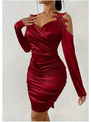 Elegant Women's Black Satin Dress with Exquisite Lace Shoulder Straps - V - Neck, Long Sleeve, Slim Fit Pleated Bodycon Skirt, Machine Washable, Luxurious, Showcasing Women's Graceful Figure - SHOWLU FASHION STORE