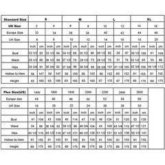 A size chart table for women's bridal and formal dresses showing US, Europe, and UK measurements.