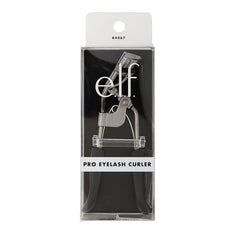 An e.l.f. pro eyelash curler with black handles inside its clear retail packaging.