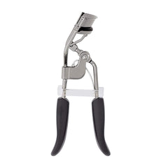 A silver metal eyelash curler with black ergonomic handles and a clear plastic spacer.